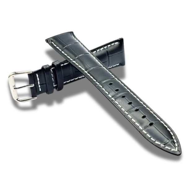 Curea Ceas Piele Neagra Cusatura Alba 20 mm Catarama Argintie + Telescoape Rapide Gratis