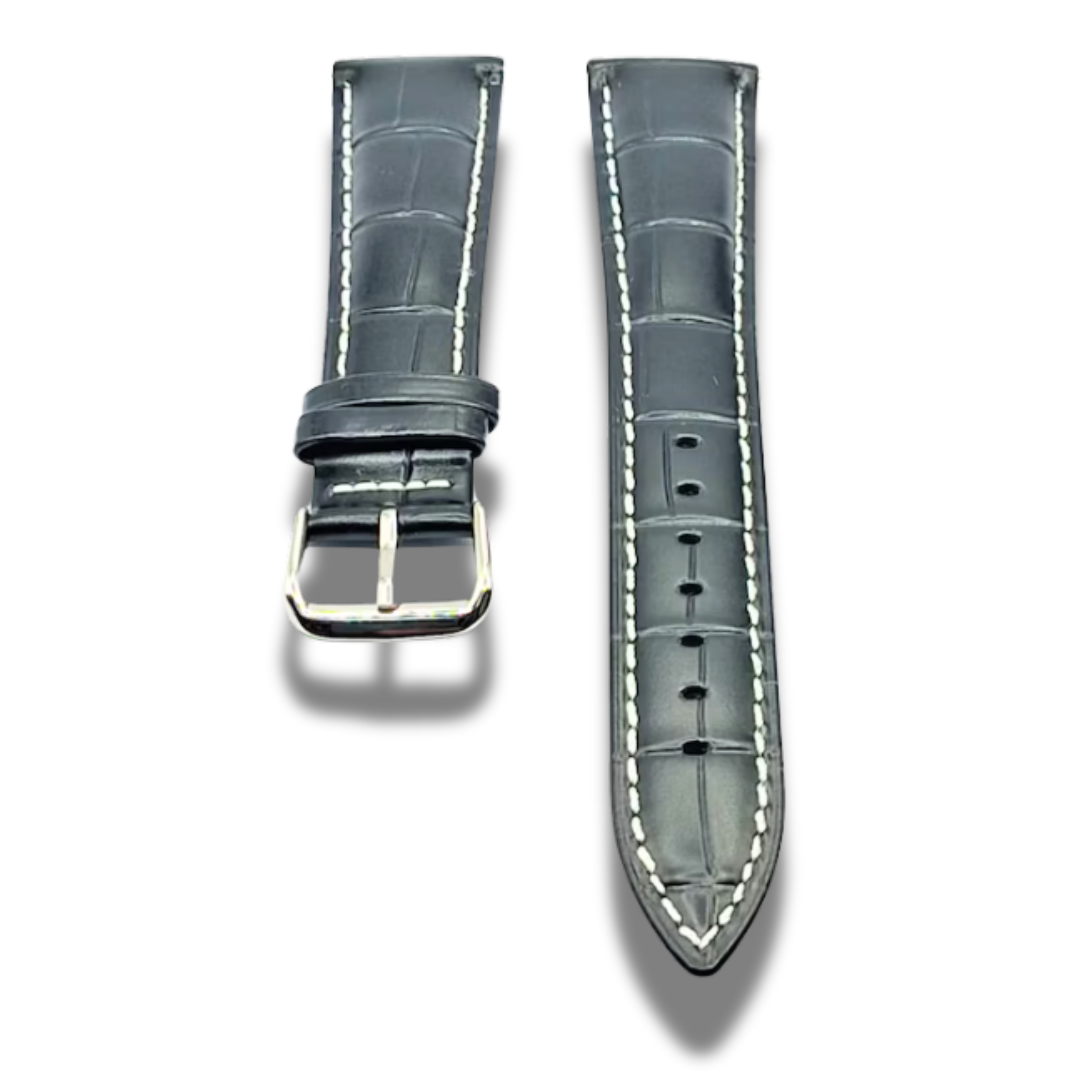 Curea Ceas Piele Neagra Cusatura Alba 20 mm Catarama Argintie + Telescoape Rapide Gratis